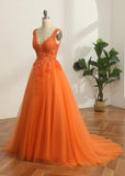 Constance |A Line V Neck Orange Princess Long Prom Dress with Appliques - Orange - US0 - PromDressClub