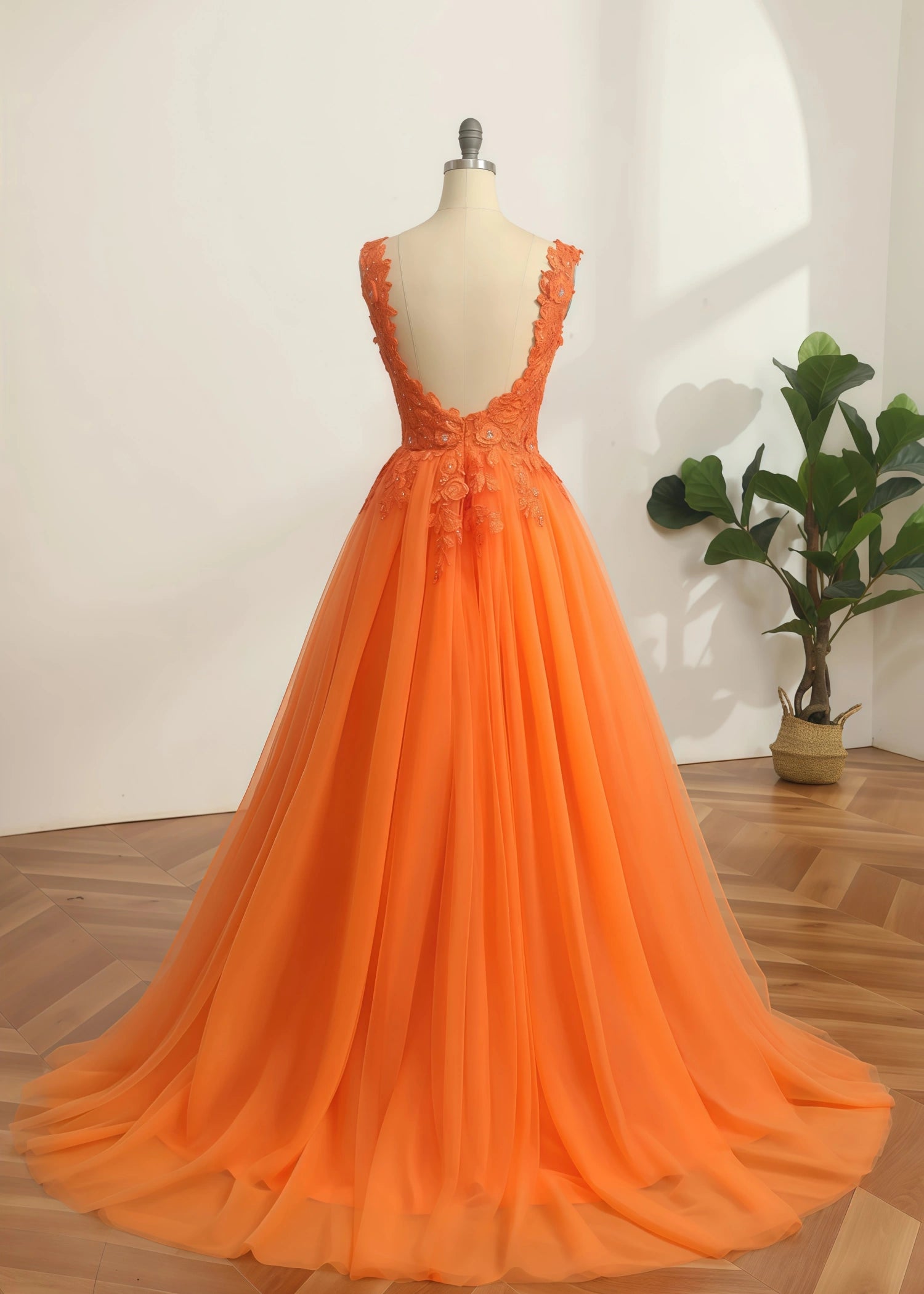 Constance |A Line V Neck Orange Princess Long Prom Dress with Appliques - Orange - US0 - PromDressClub