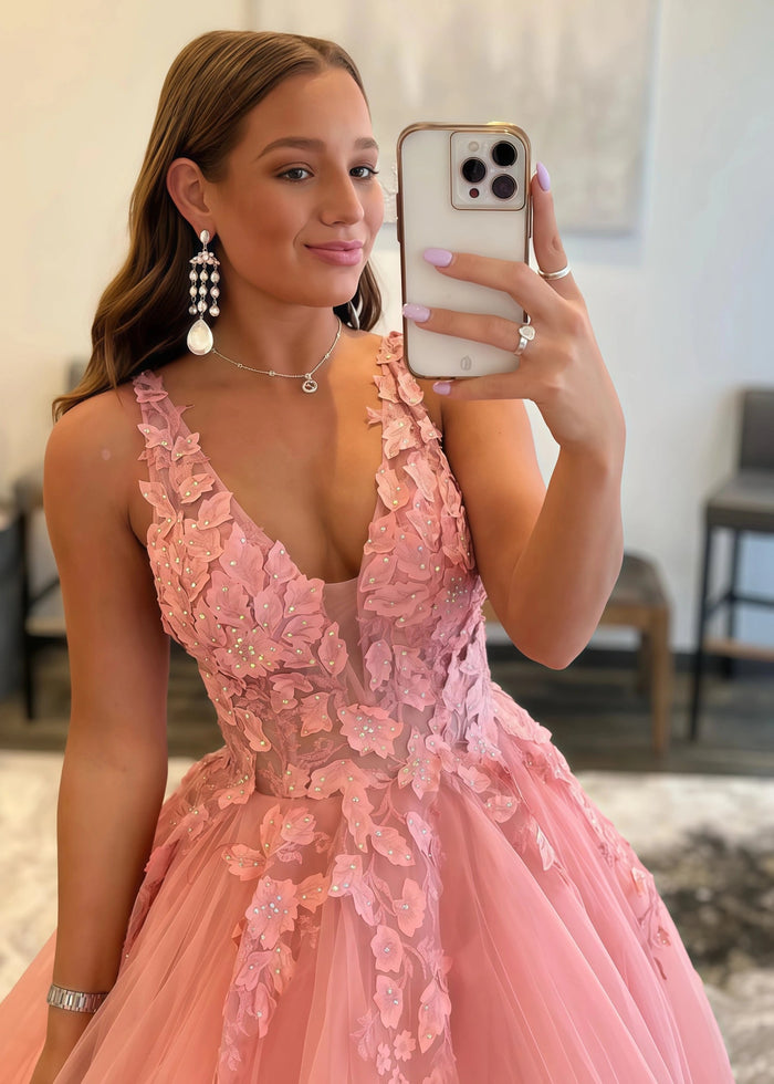 Constance | Ball - Gown/Princess Orange Light Pink A Line Backless V Neck Formal Dress - Light Pink - PromDressClub