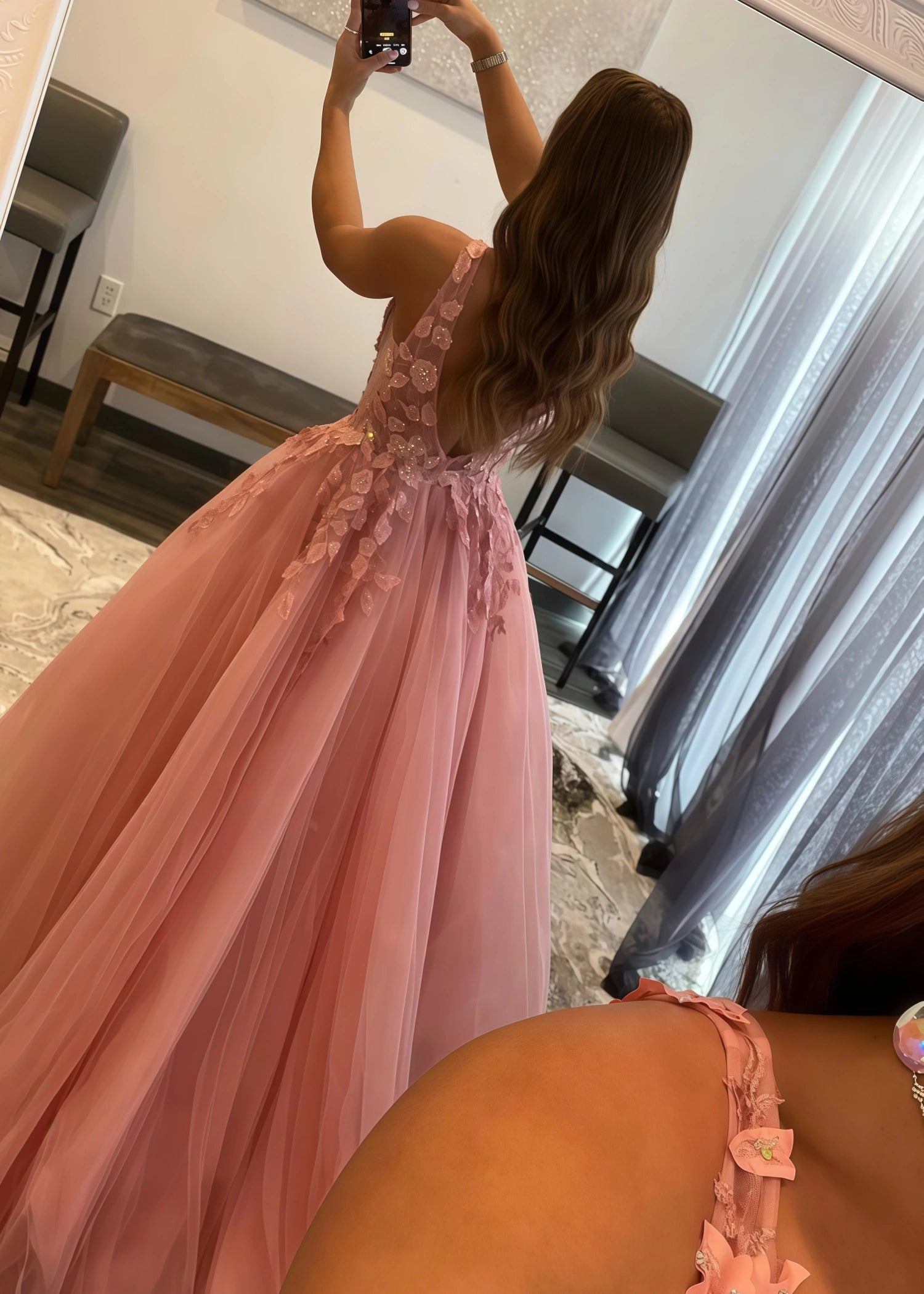 Constance |A Line V Neck Orange Princess Long Prom Dress with Appliques - Pink - US0 - PromDressClub