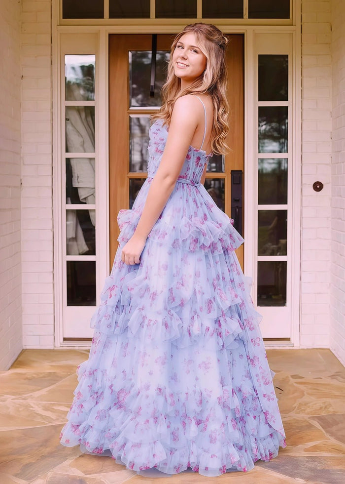 Cora | Charming Lavender Floral Corset Ruffle Prom Dress: Effortless Elegance for Your Special Night - Lavender Floral - PromDressClub