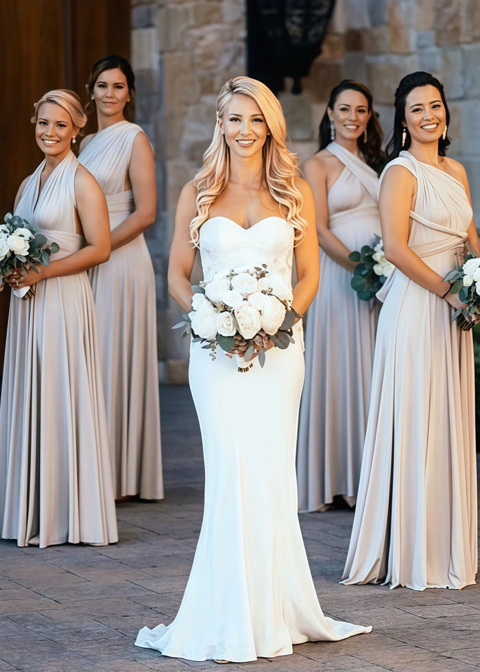 Cora | Most Beautiful Day Beige Champagne Infinity Chiffon Maxi Bridesmaid Dress with Multiway Convertible - Price #price_variant_lowest# - Champagne - PromDressClub