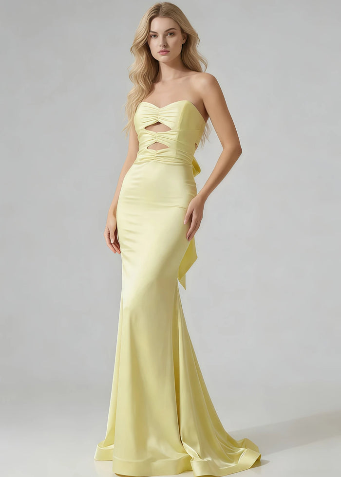 Cora Yellow Strapless Prom Dress with Cutouts | Mermaid Sweetheart Neckline Backless Pleated Satin Formal Dress with Bow - Yellow - PromDressClub