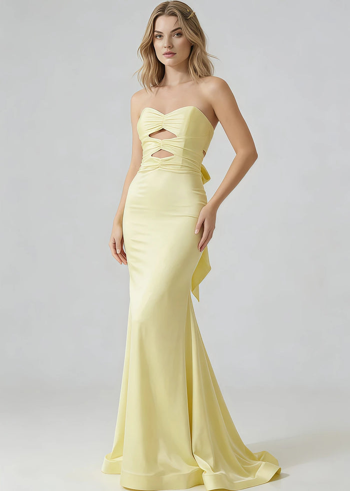Cora Yellow Strapless Prom Dress with Cutouts | Mermaid Sweetheart Neckline Backless Pleated Satin Formal Dress with Bow - Yellow - PromDressClub