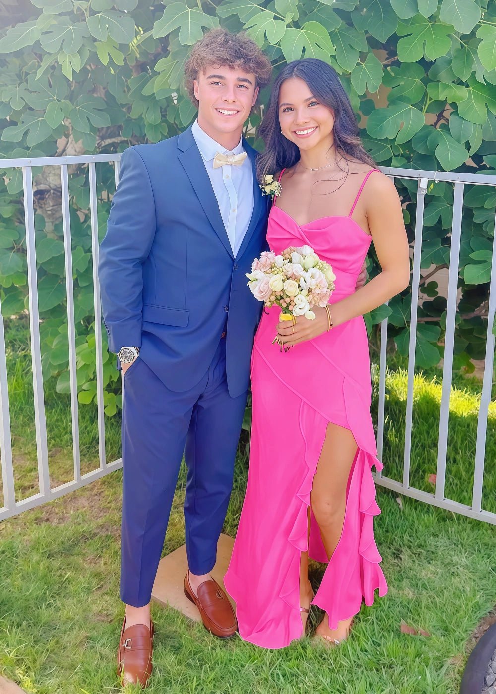 Cordelia | Stunning Yellow Chiffon Slit Prom Dress with Ruffles – Your Show - Stopper for Prom Night - Hot Pink - PromDressClub