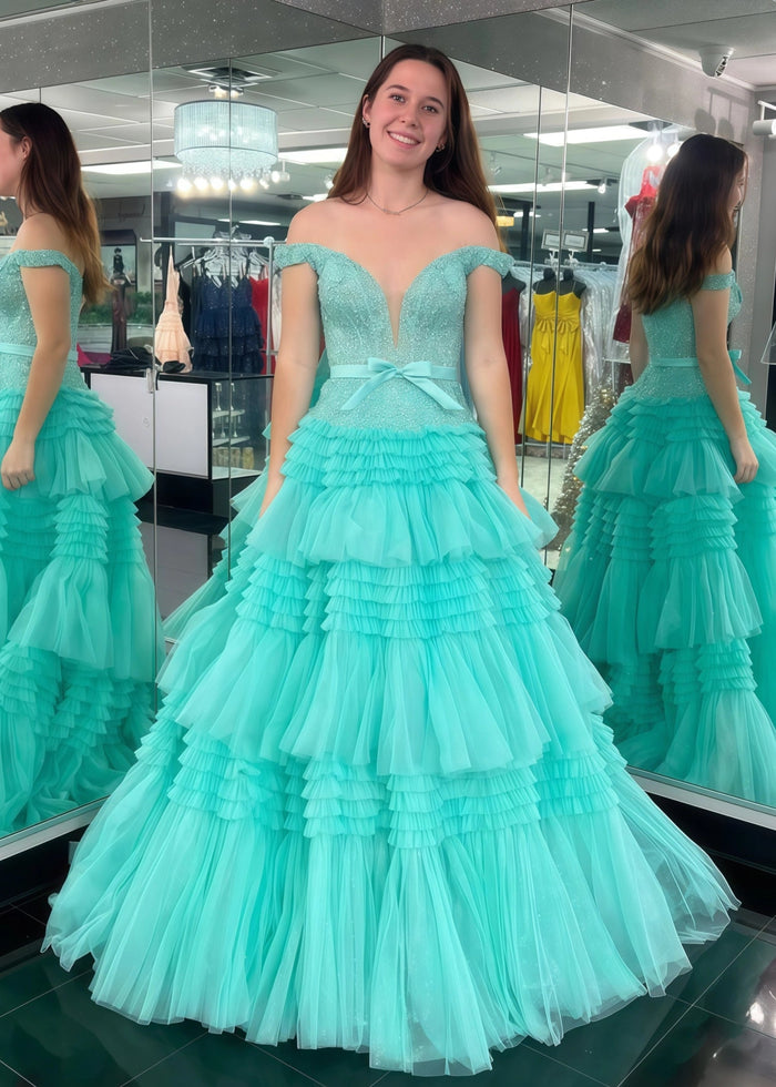 Cornelia | Long Light Pink Prom Dress Tulle With Princess A Line Off the Shoulder Ruffles - Aqua - PromDressClub
