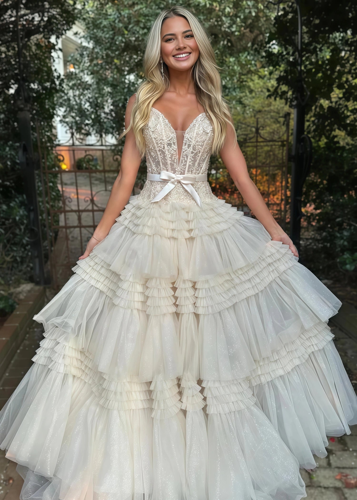 Cornelia | Long Light Pink Prom Dress Tulle With Princess A Line Off the Shoulder Ruffles - Ivory - US0 - PromDressClub