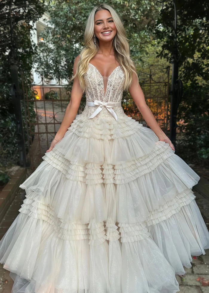 Cornelia | Long Light Pink Prom Dress Tulle With Princess A Line Off the Shoulder Ruffles - Ivory - PromDressClub