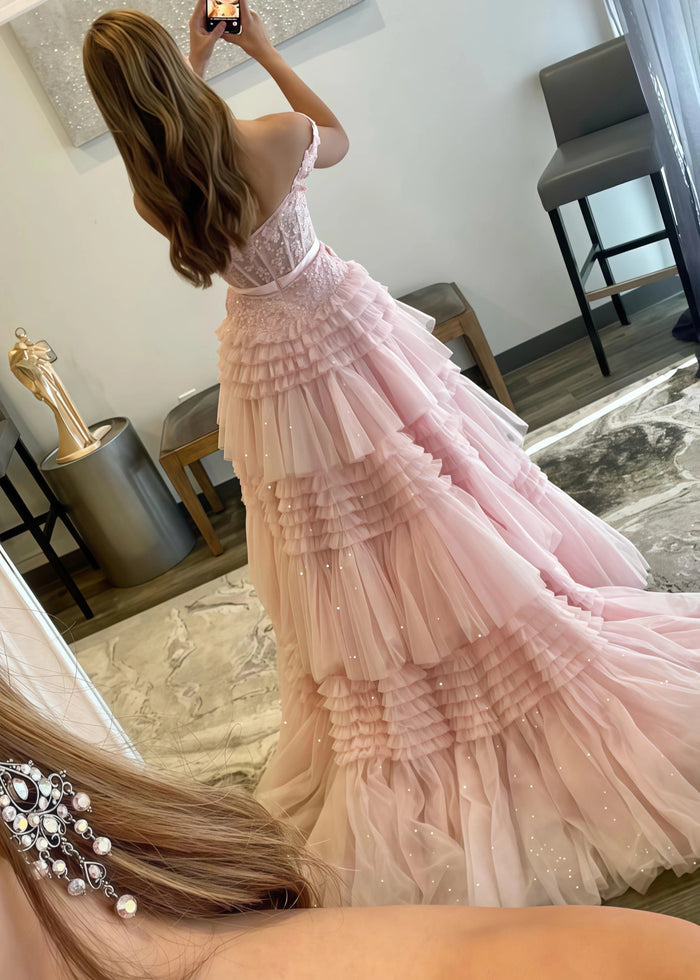 Cornelia | Long Light Pink Prom Dress Tulle With Princess A Line Off the Shoulder Ruffles - Light Pink - PromDressClub