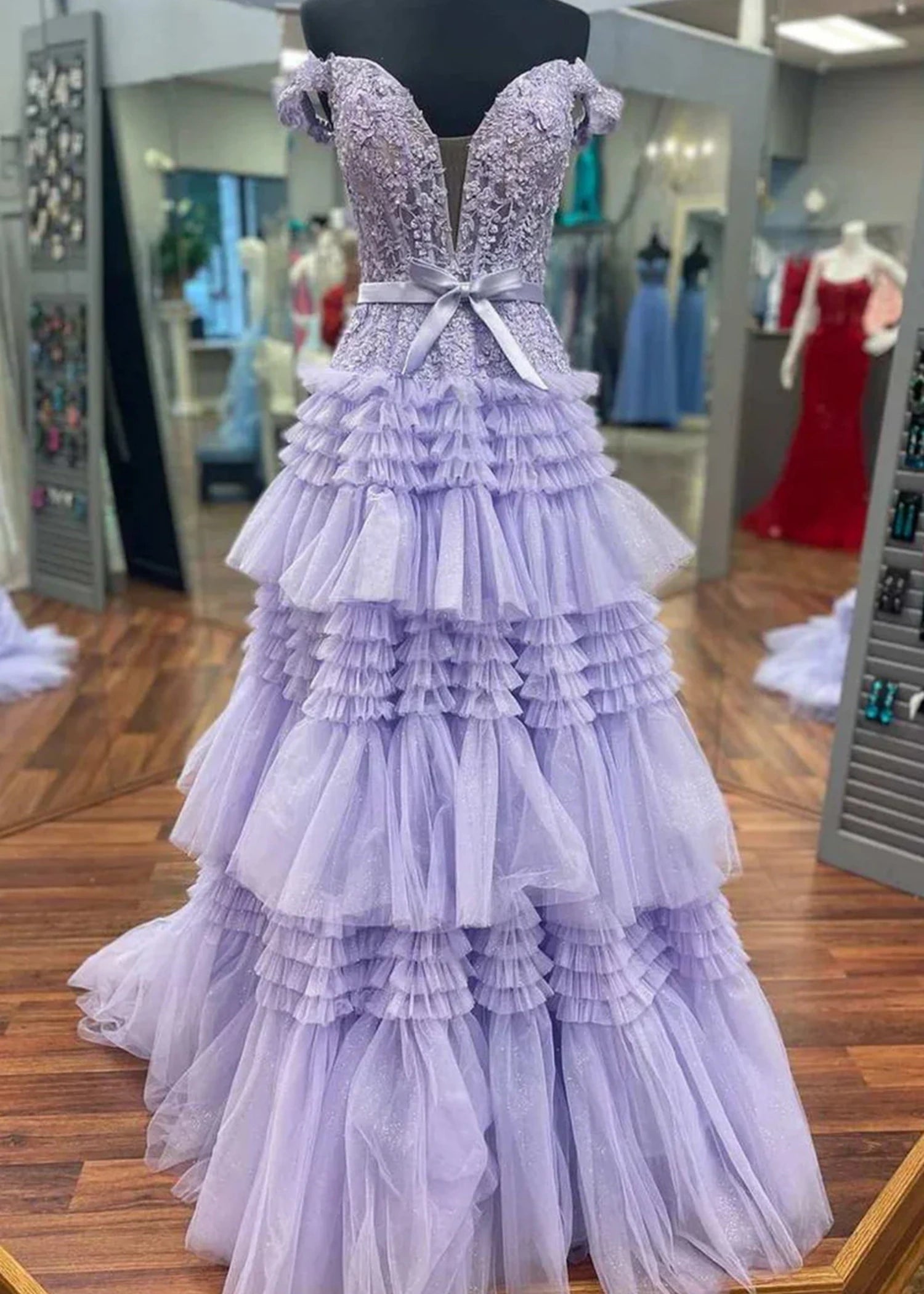 Cornelia | Long Light Pink Prom Dress Tulle With Princess A Line Off the Shoulder Ruffles - Lilac - US0 - PromDressClub