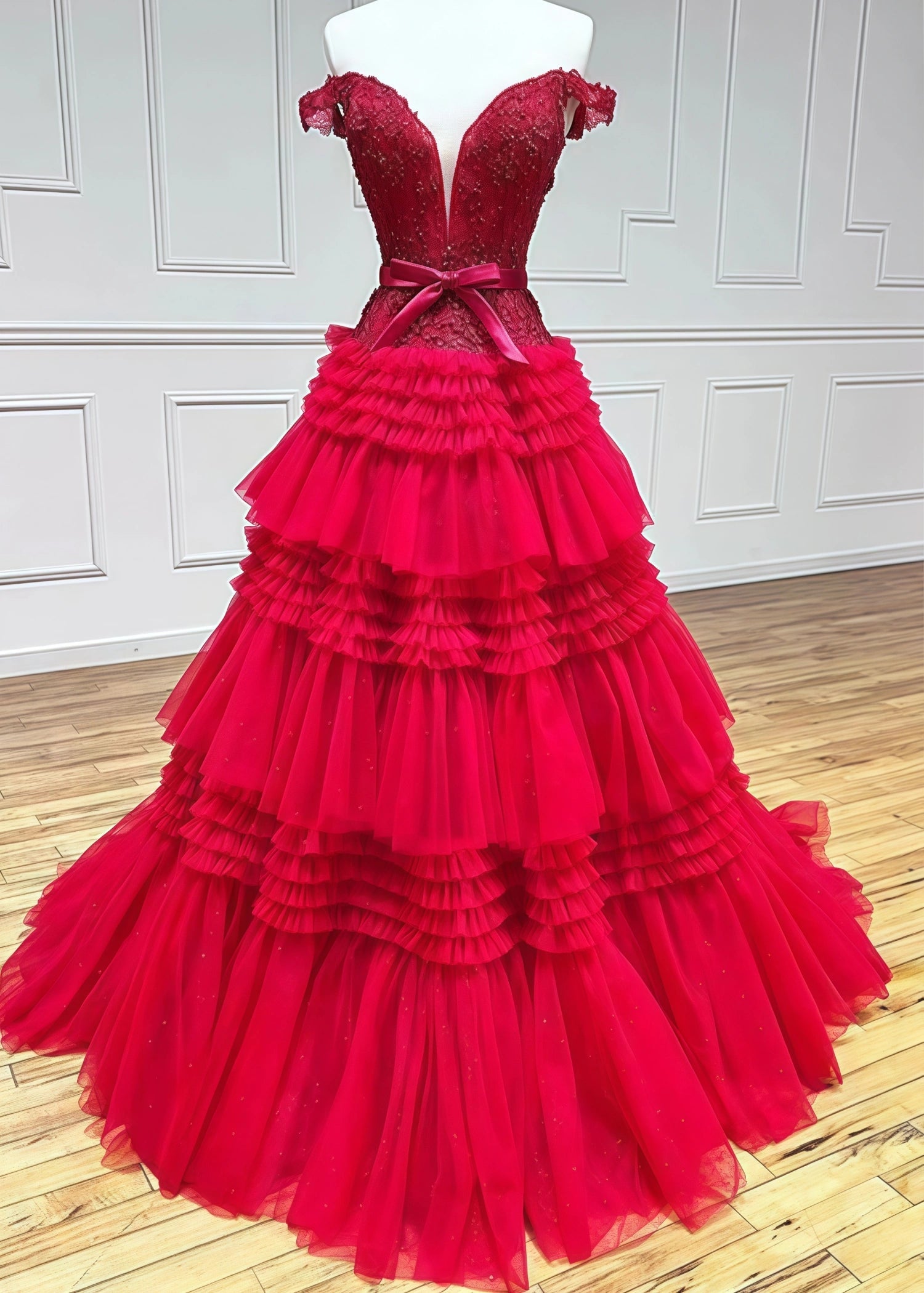 Cornelia | Long Light Pink Prom Dress Tulle With Princess A Line Off the Shoulder Ruffles - Red - US0 - PromDressClub