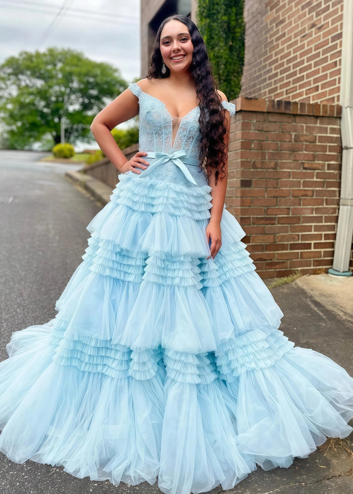 Cornelia | Long Light Pink Prom Dress Tulle With Princess A Line Off the Shoulder Ruffles - Sky Blue - PromDressClub
