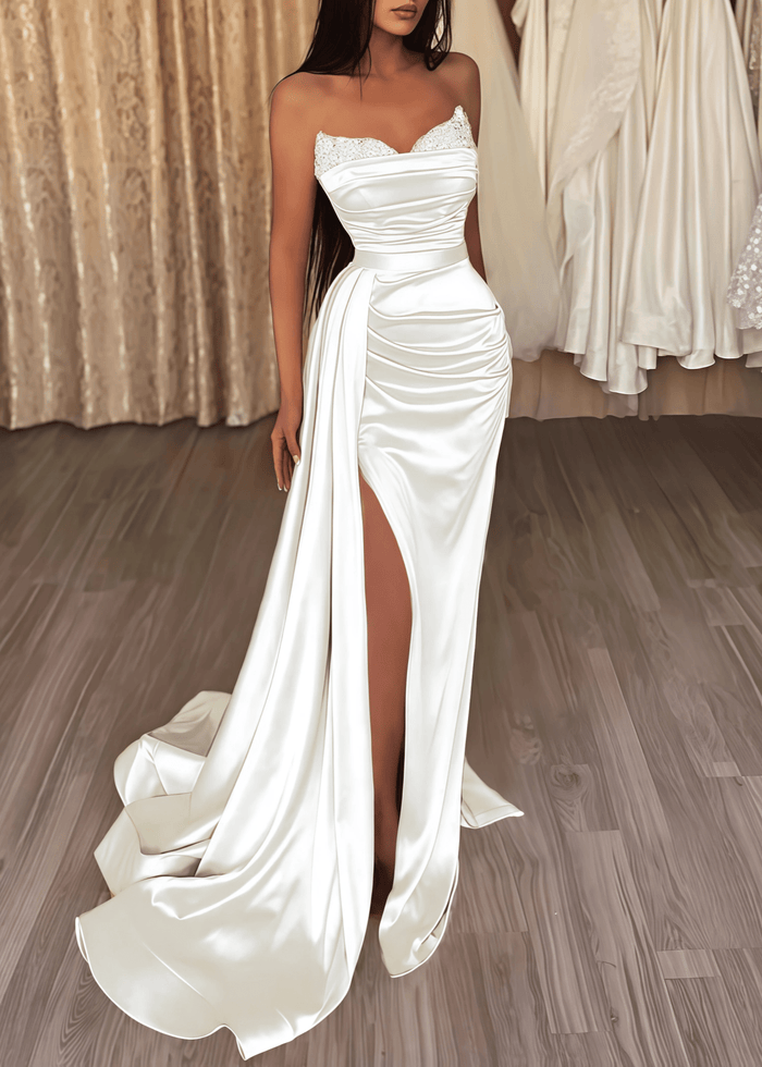 Crystal | Black Orange Mermaid Corset Strapless Formal Dress with Slit - Ivory - PromDressClub