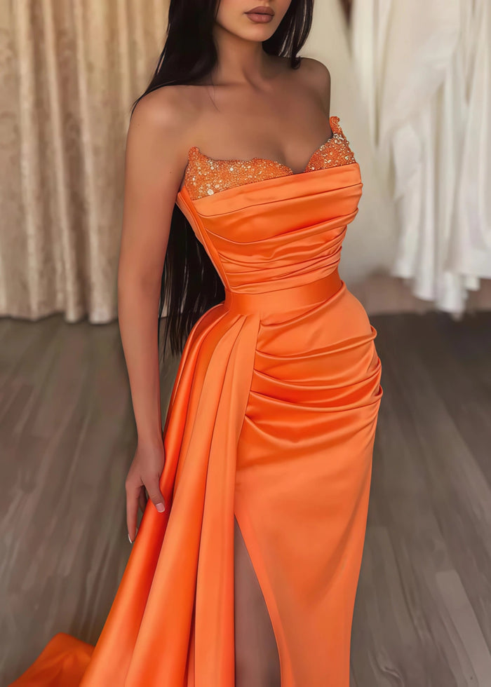 Crystal | Black Orange Mermaid Corset Strapless Formal Dress with Slit - Orange - PromDressClub