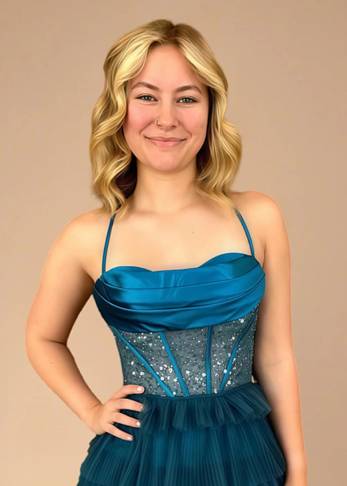 Cyane | Command Attention: Teal Homecoming Dress with Corset & Cascading Pleats - Teal - PromDressClub