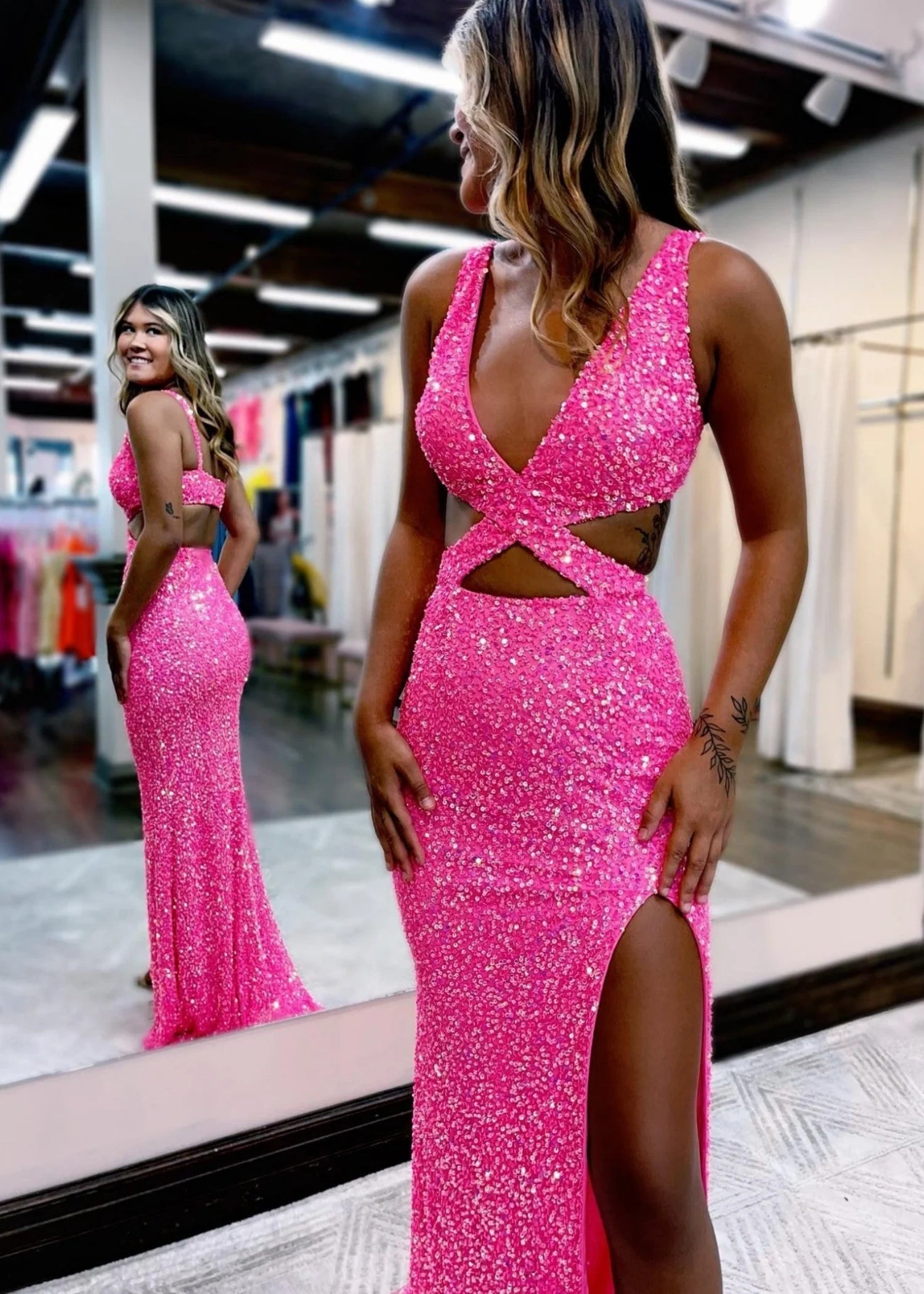 Cynthia | Long Hot Pink Prom Dress Sequins With Mermaid V Neck Slit - Hot Pink - US0 - PromDressClub