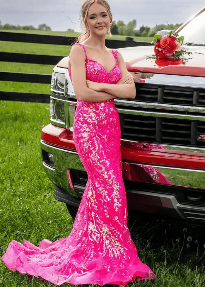 Cynthia | Off the Shoulder Gold Mermaid Sequin Corset Prom Dress with Slit - Fuchsia - PromDressClub