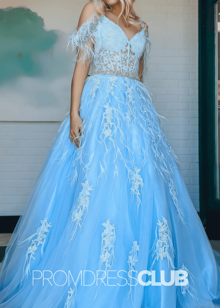 Daisy | Blue Prom Dresses Long Ball Gown A - Line Off the Shoulder Appliques with Feather - Blue - PromDressClub