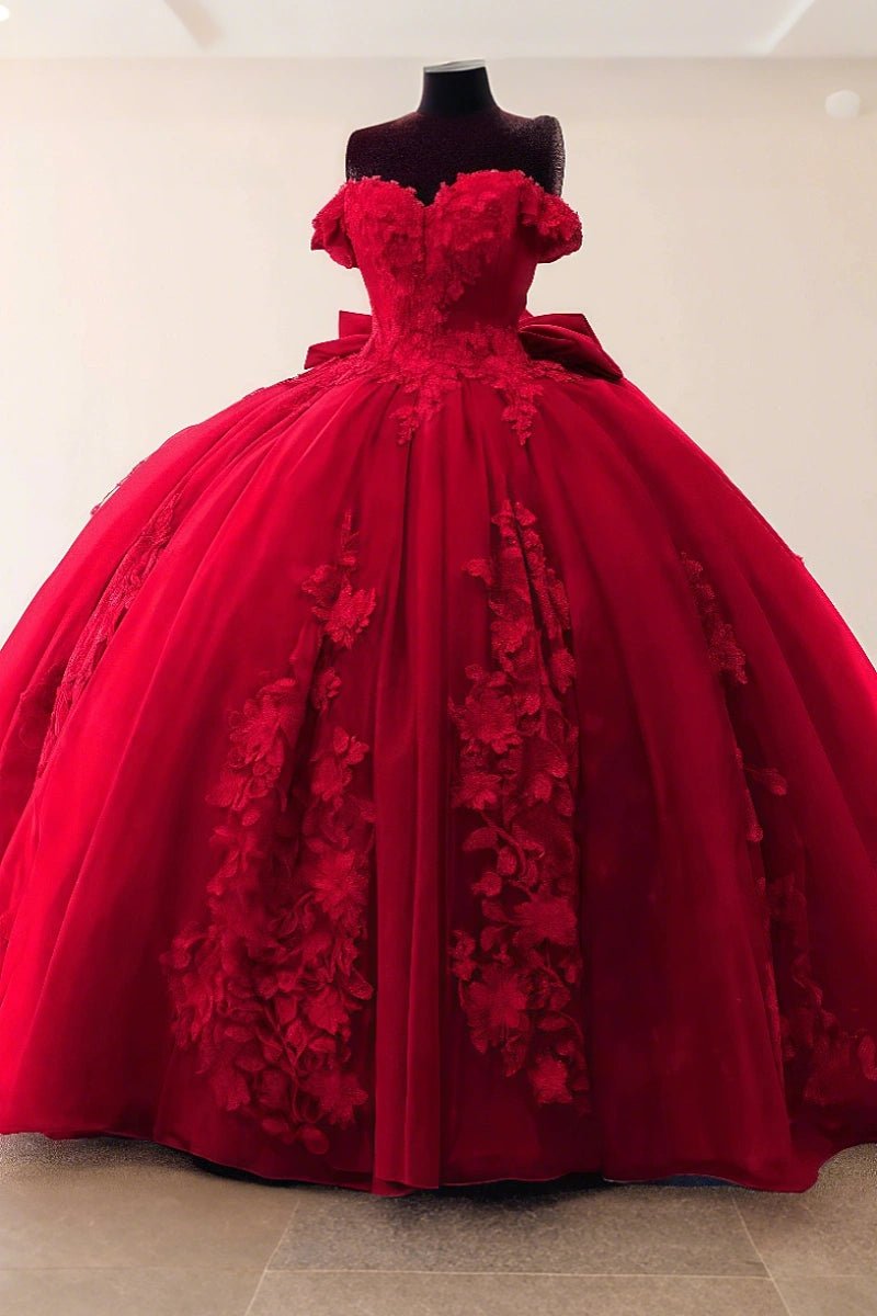 Daisy | Dusty Blue Quinceanera Dresses with Flowers - Elegant Off the Shoulder Gown for Special Occasions - Burgundy - PromDressClub