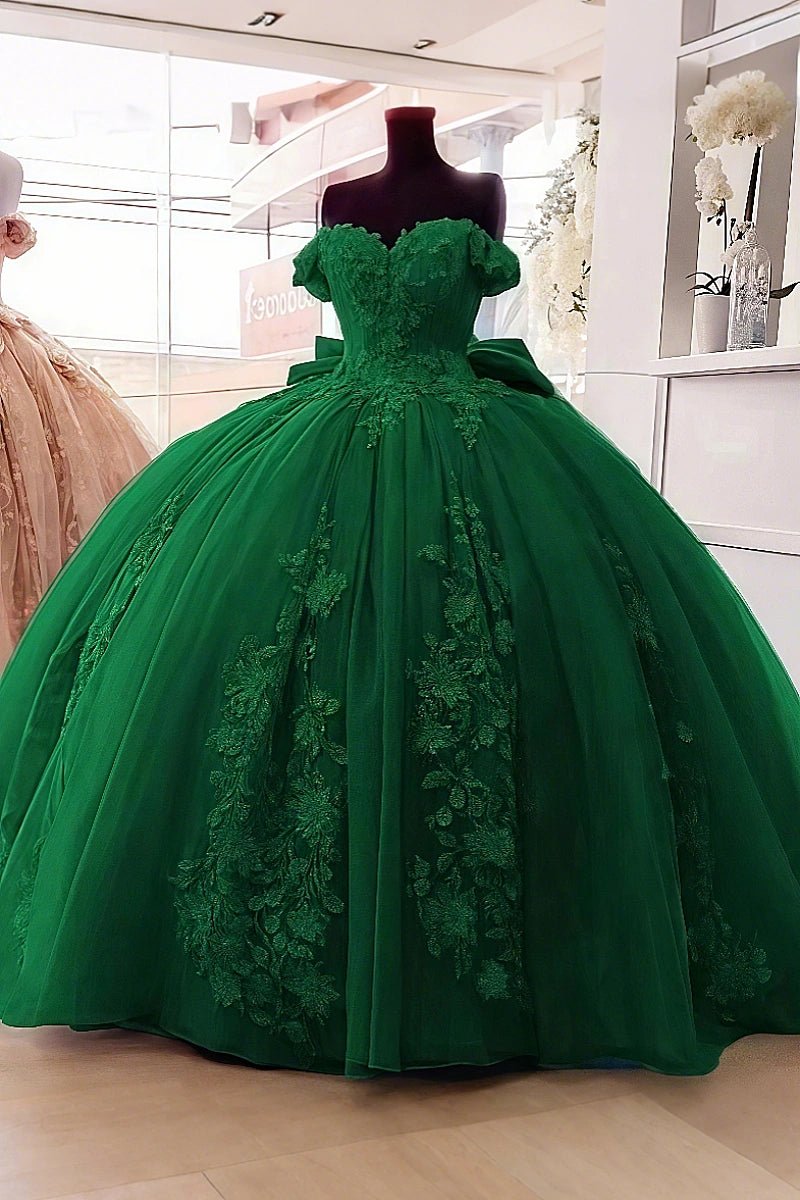 Daisy | Dusty Blue Quinceanera Dresses with Flowers - Elegant Off the Shoulder Gown for Special Occasions - Dark Green - PromDressClub