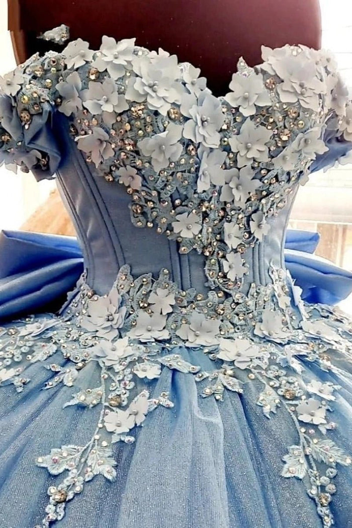 Daisy | Dusty Blue Quinceanera Dresses with Flowers - Elegant Off the Shoulder Gown for Special Occasions - Light Blue - PromDressClub