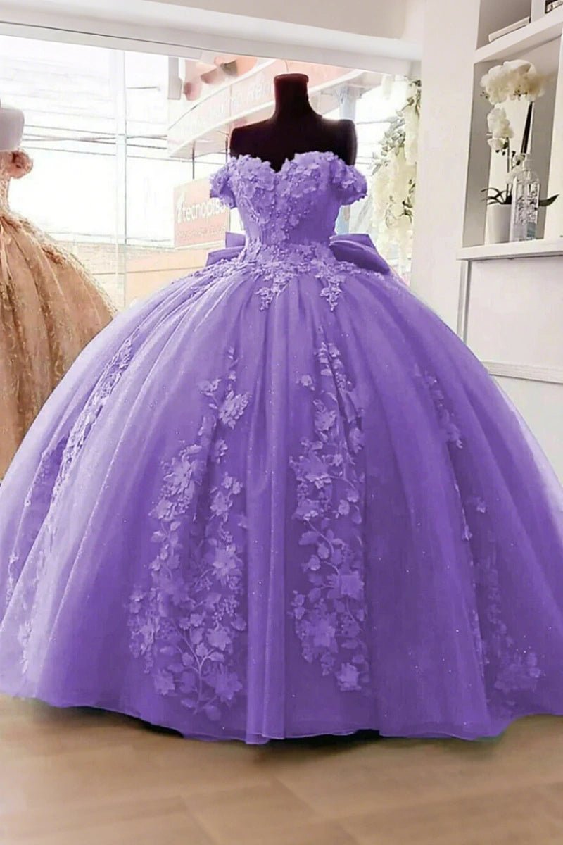 Daisy | Dusty Blue Quinceanera Dresses with Flowers - Elegant Off the Shoulder Gown for Special Occasions - Lilac - PromDressClub