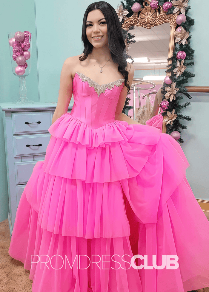 Daisy |Hot Pink Prom Dress Long A Line Tulle Tiered Corset Beaded with Slit - Price #price_variant_lowest# - Hot Pink - PromDressClub