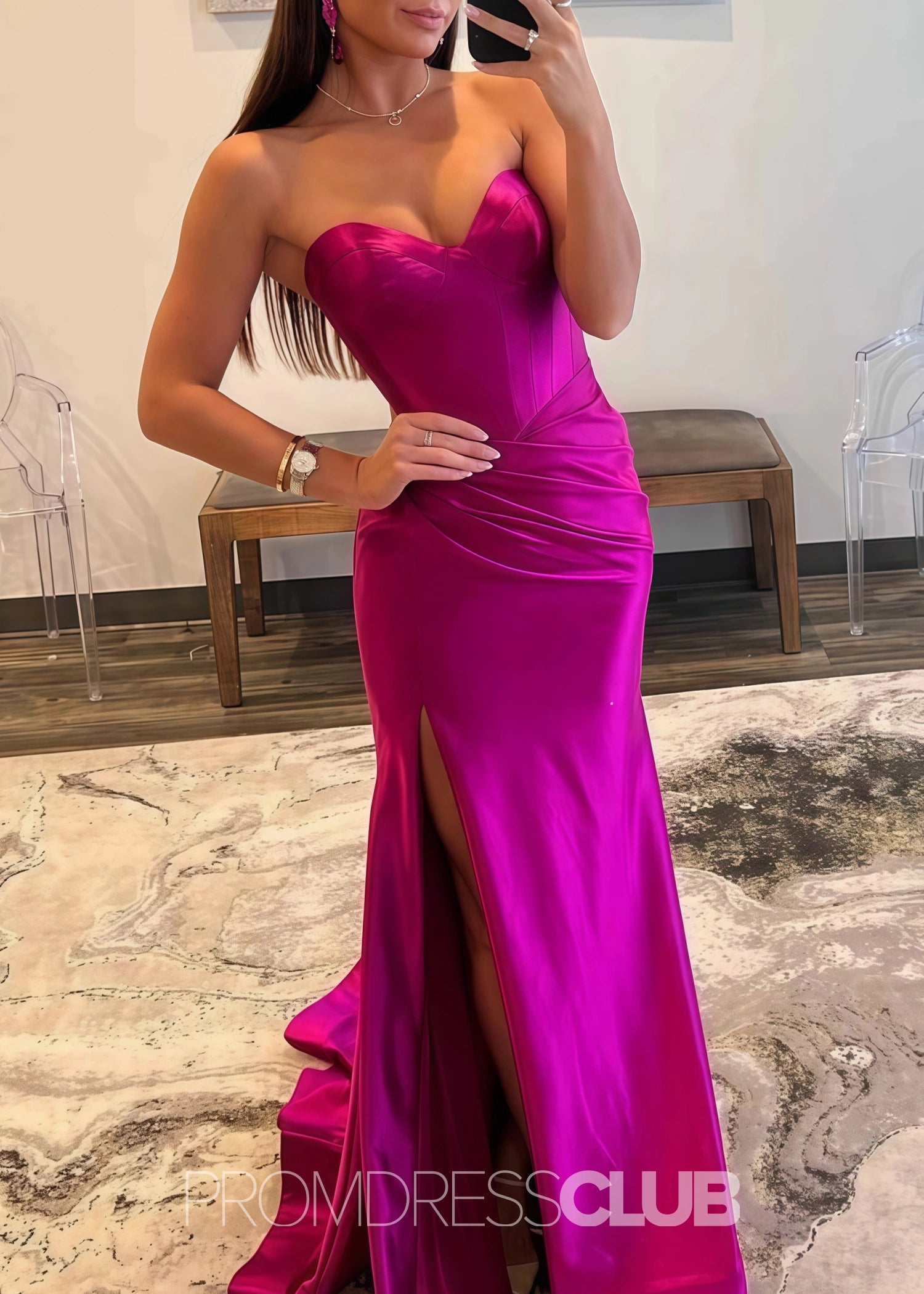 Daphne |Long Gold Prom Dress Satin With Mermaid Sweetheart Pleated Slit - Fuchsia - US0 - PromDressClub