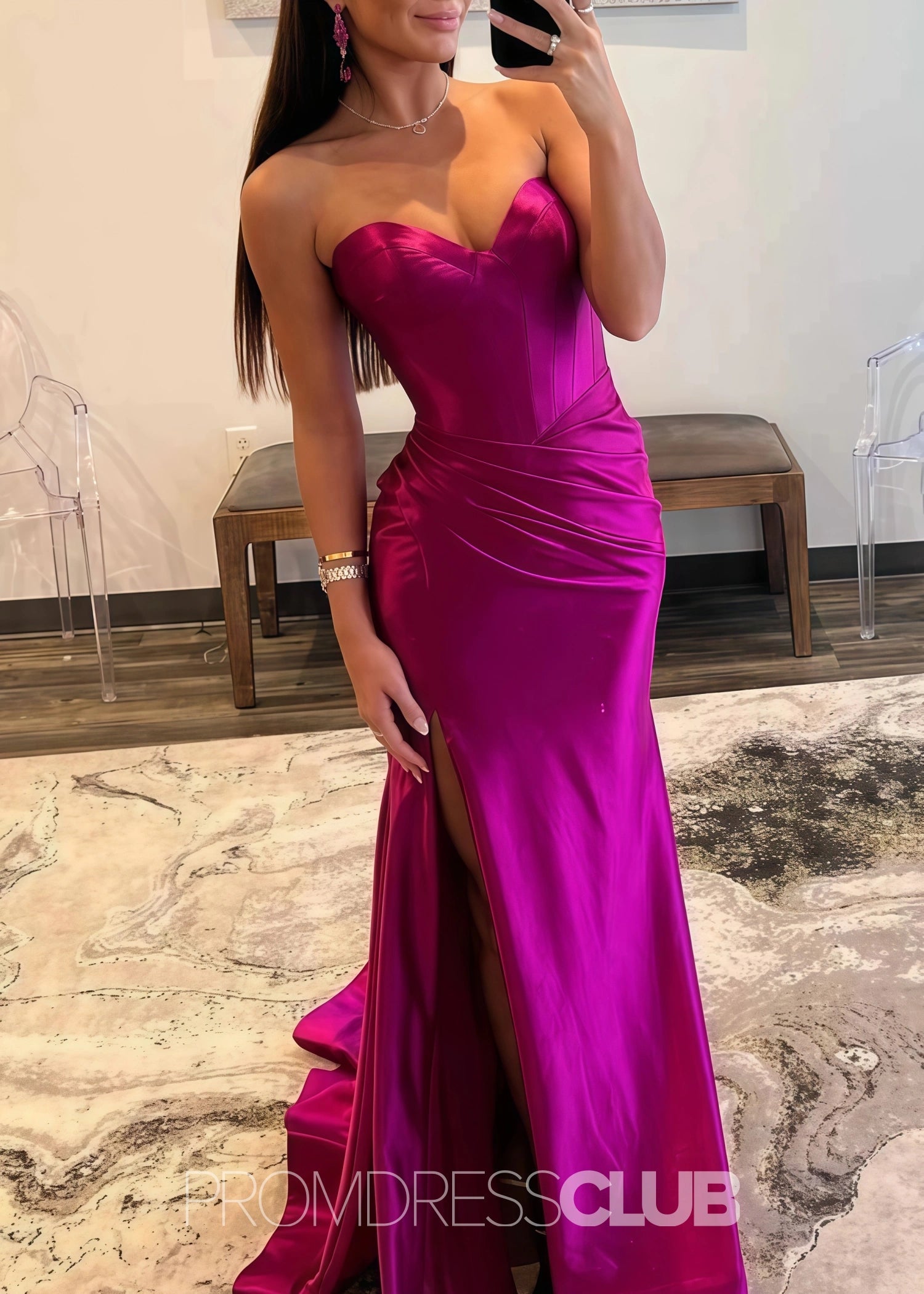 Daphne |Long Gold Prom Dress Satin With Mermaid Sweetheart Pleated Slit - Fuchsia - US0 - PromDressClub