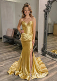 Daphne |Long Gold Prom Dress Satin With Mermaid Sweetheart Pleated Slit - Gold - US0 - PromDressClub