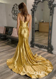 Daphne |Long Gold Prom Dress Satin With Mermaid Sweetheart Pleated Slit - Gold - US0 - PromDressClub