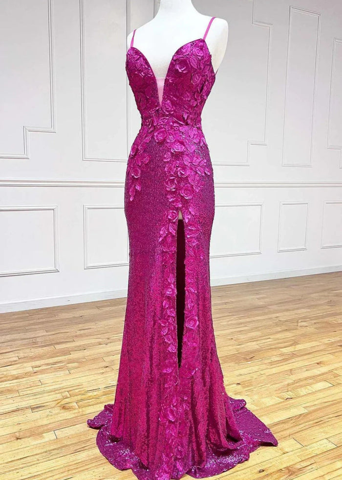 Daphne | Long Orange Prom Dress Sequins With Mermaid V Neck 3D Flower Slit - Fuchsia - PromDressClub
