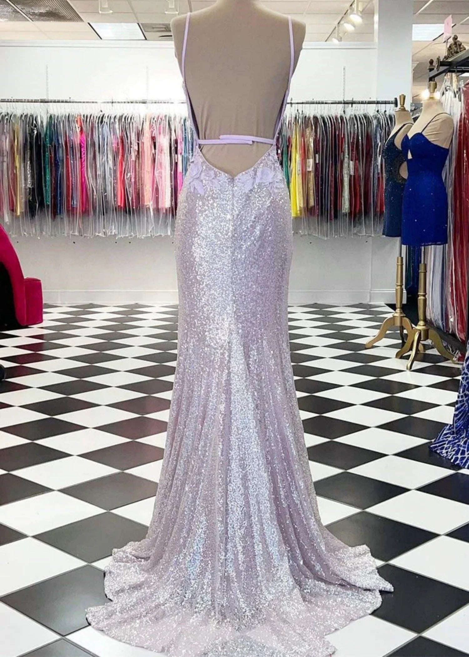 Daphne | Long Orange Prom Dress Sequins With Mermaid V Neck 3D Flower Slit - Lavender - PromDressClub