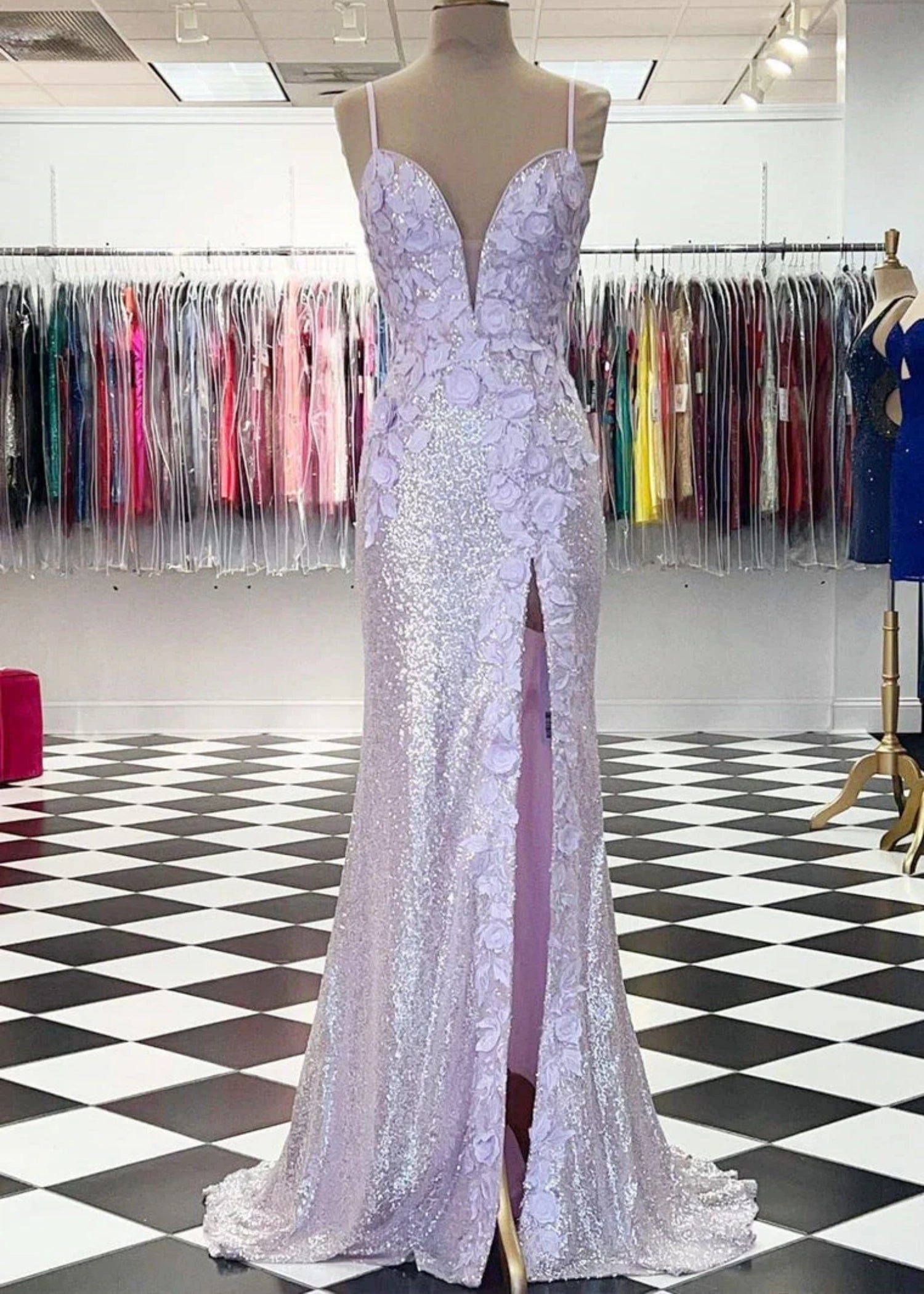 Daphne | Long Orange Prom Dress Sequins With Mermaid V Neck 3D Flower Slit - Lavender - PromDressClub