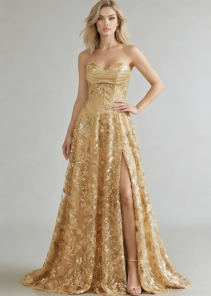 Dara Glitter Gold Strapless Prom Dress | A - Line Sweetheart Neckline Sequin Cocktail Dress with Slit - Gold - PromDressClub
