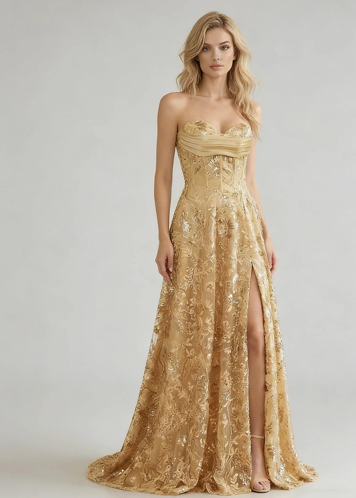 Dara Glitter Gold Strapless Prom Dress | A - Line Sweetheart Neckline Sequin Cocktail Dress with Slit - Gold - PromDressClub