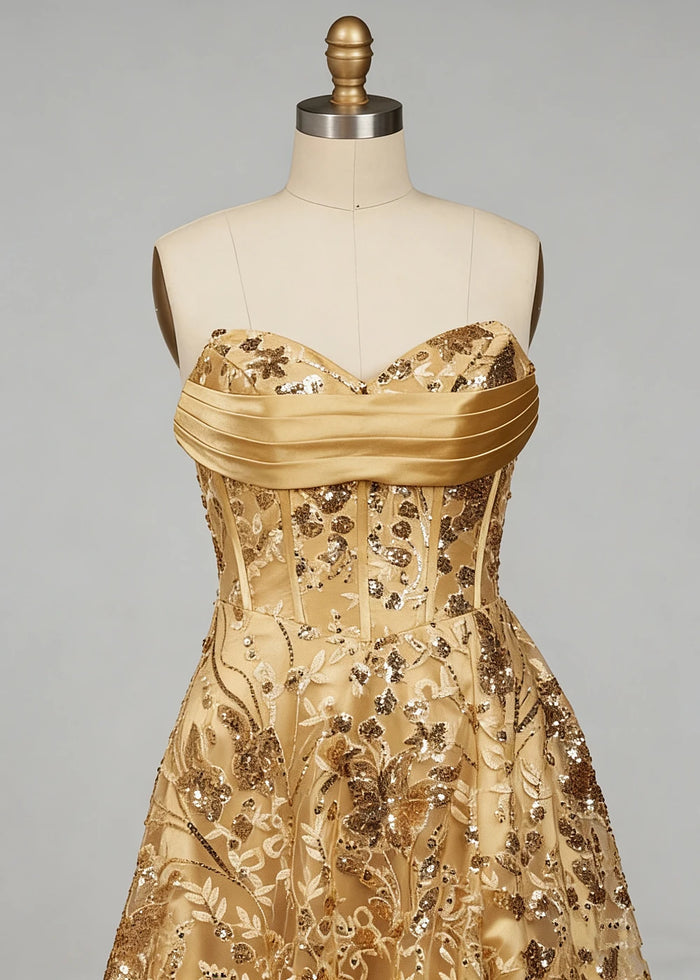 Dara Glitter Gold Strapless Prom Dress | A - Line Sweetheart Neckline Sequin Cocktail Dress with Slit - Gold - PromDressClub