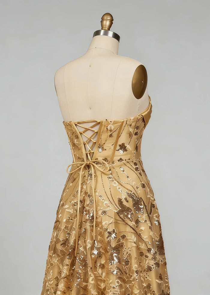 Dara Glitter Gold Strapless Prom Dress | A - Line Sweetheart Neckline Sequin Cocktail Dress with Slit - Gold - PromDressClub