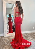 Darlene |Red Dress Prom Long Mermaid Hollow - out Glitter Sequin with Slit - Red - PromDressClub