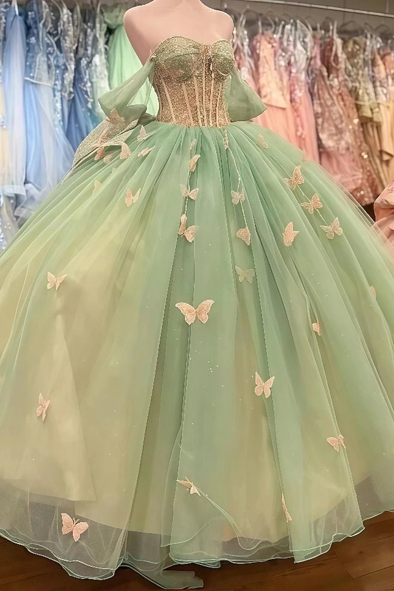 Dawn | Stunning Sage Green Butterfly Quinceanera Dresses with Bows – Perfect for Special Occasions - Sage - PromDressClub