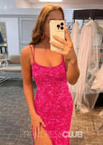 Deborah |Long Hot Pink Prom Dress Sequins With Meimaid Spaghetti Straps Slit - Hot Pink - US0 - PromDressClub