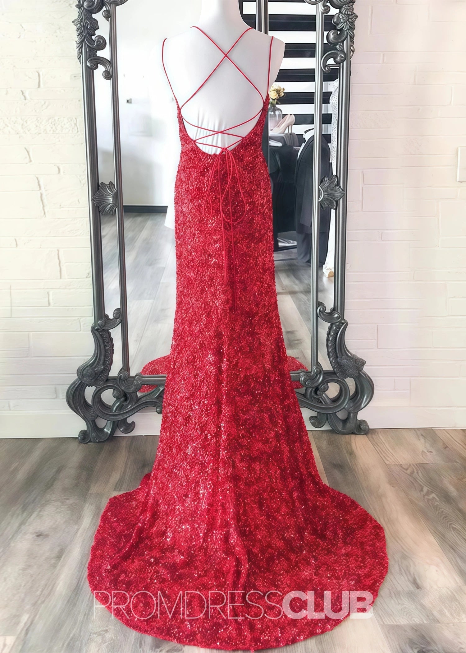 Deborah |Long Hot Pink Prom Dress Sequins With Meimaid Spaghetti Straps Slit - Red - US0 - PromDressClub