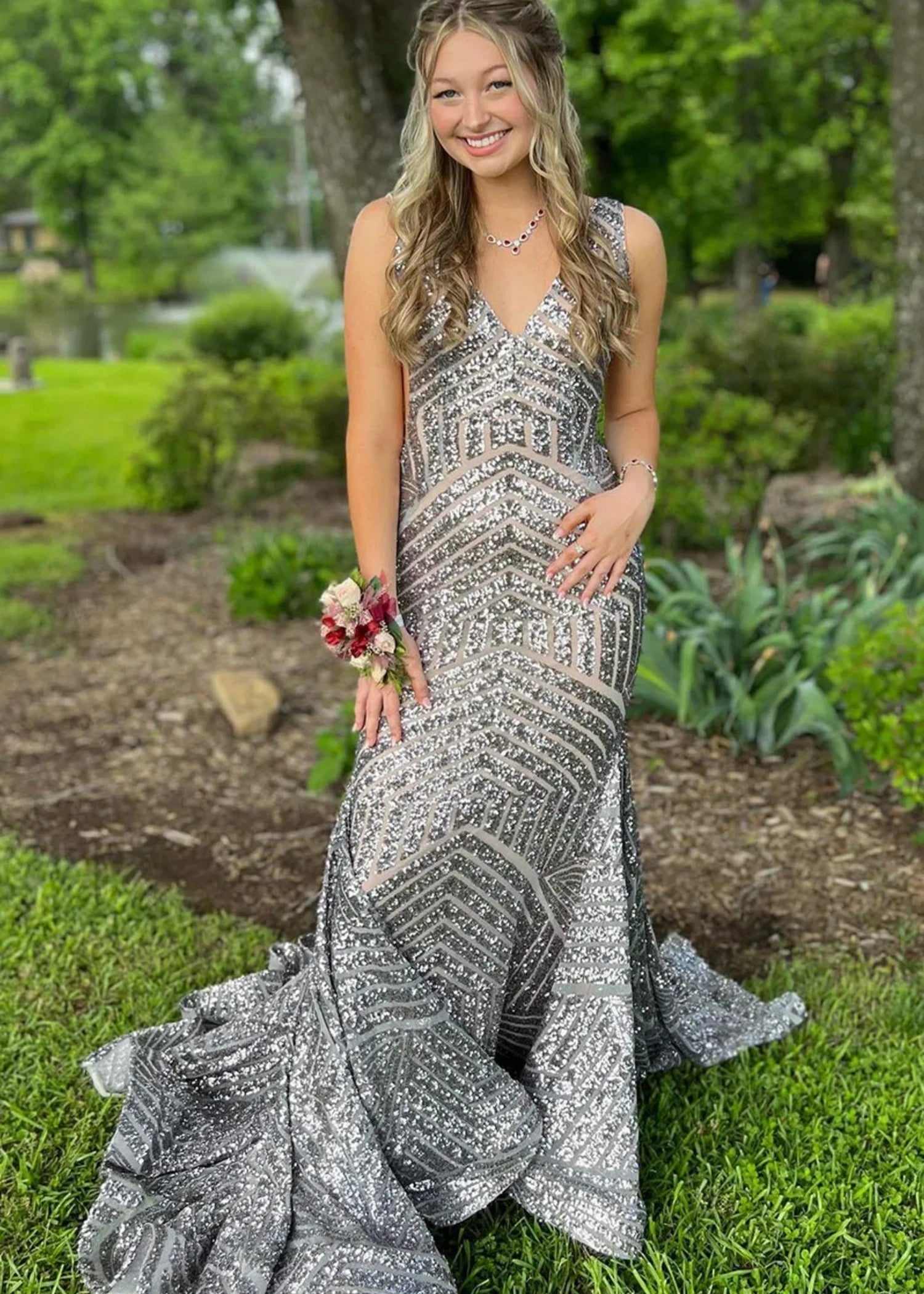 Joyce |Deep V Neck Mermaid Orange Sequins Long Prom Dress with Open Back - Grey - US0 - PromDressClub