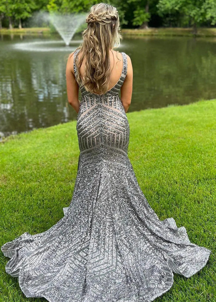 Joyce | Trumpet/Mermaid V Neck Orange White Sequin Prom Dress with Train - Grey - PromDressClub