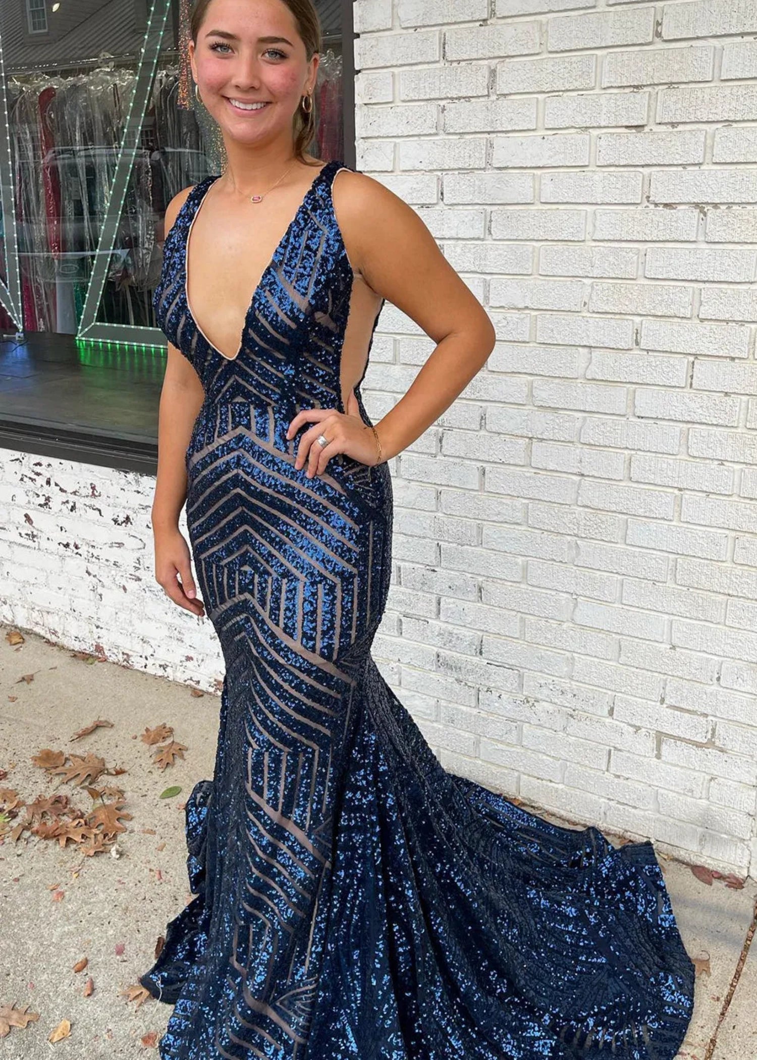 Joyce |Deep V Neck Mermaid Orange Sequins Long Prom Dress with Open Back - Navy Blue - US0 - PromDressClub