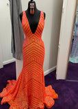 Joyce |Deep V Neck Mermaid Orange Sequins Long Prom Dress with Open Back - Orange - US0 - PromDressClub