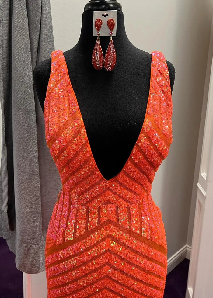 Joyce | Trumpet/Mermaid V Neck Orange White Sequin Prom Dress with Train - Orange - PromDressClub