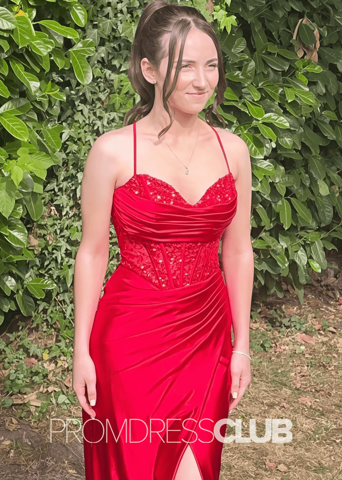 Deirdre |Royal Blue Prom Dresses Long Mermaid Sweetheart Sparkly Corset Pleated with Slit - Red - PromDressClub