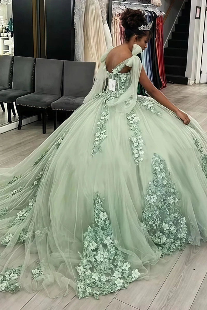 Delia | Sage Green Flower Quinceanera Dresses with Bows – Perfect for Memorable Celebrations - Sage - PromDressClub