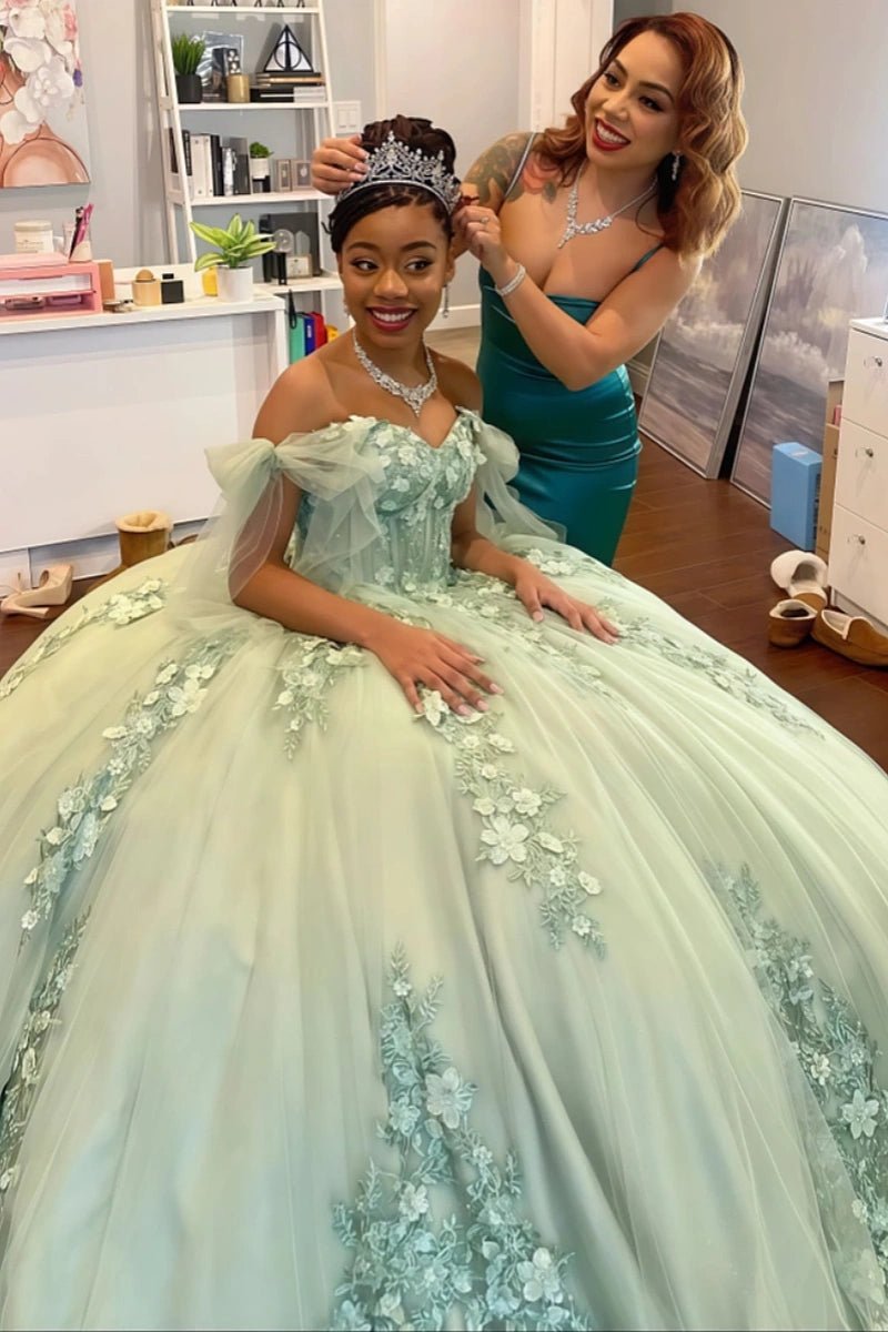 Delia | Sage Green Flower Quinceanera Dresses with Bows – Perfect for Memorable Celebrations - Sage - PromDressClub